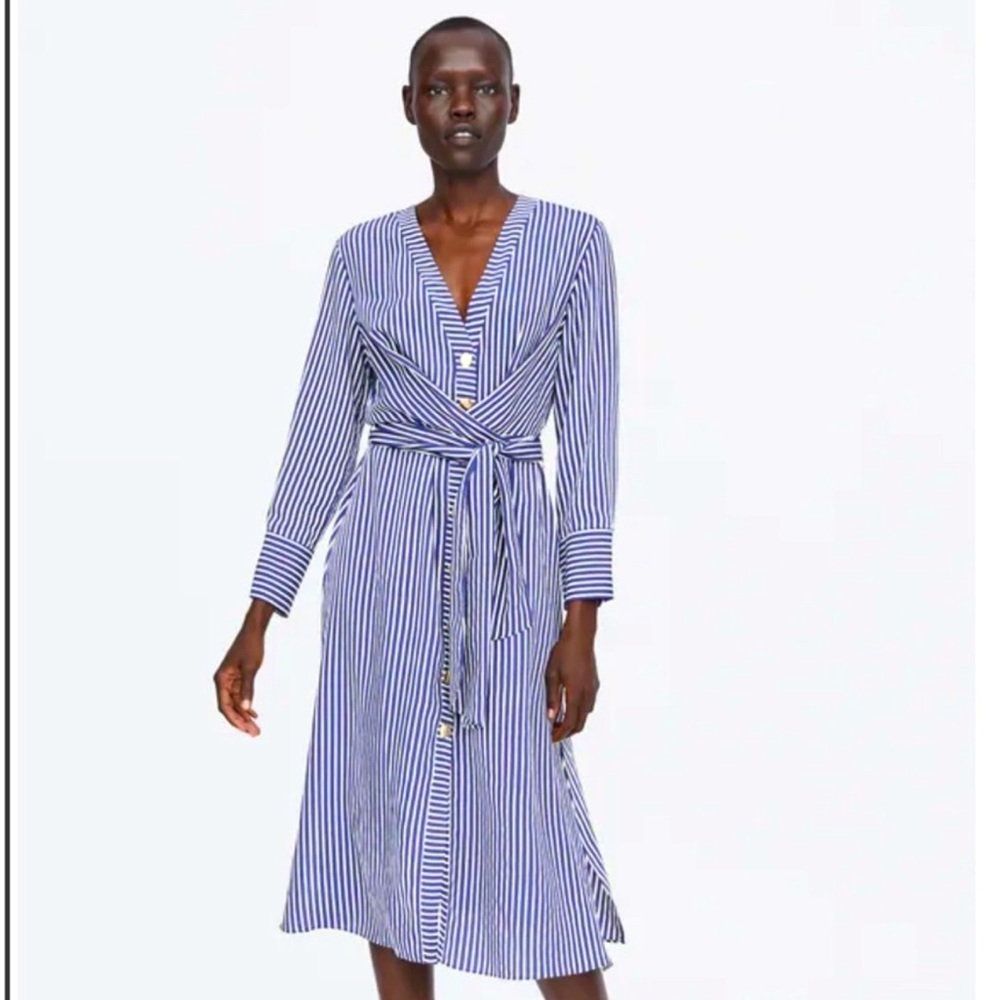 Zara Wrap Midi dress with denim blue/white stripes. Size S